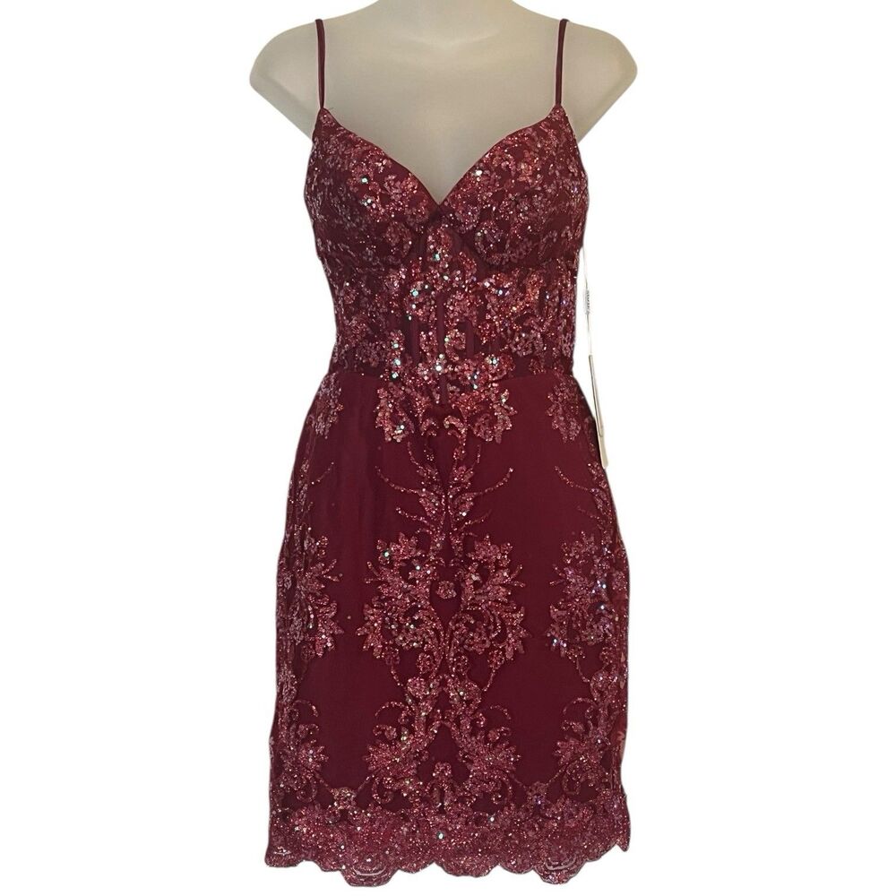 Sequin Mini Dress Women Size 0 Red Lace Bodycon Formal Party Cocktail NWT